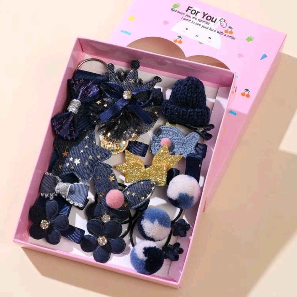 18 Piece Toddler Girls Bow and Flower Hair Accessory Gift Set Navy Blue